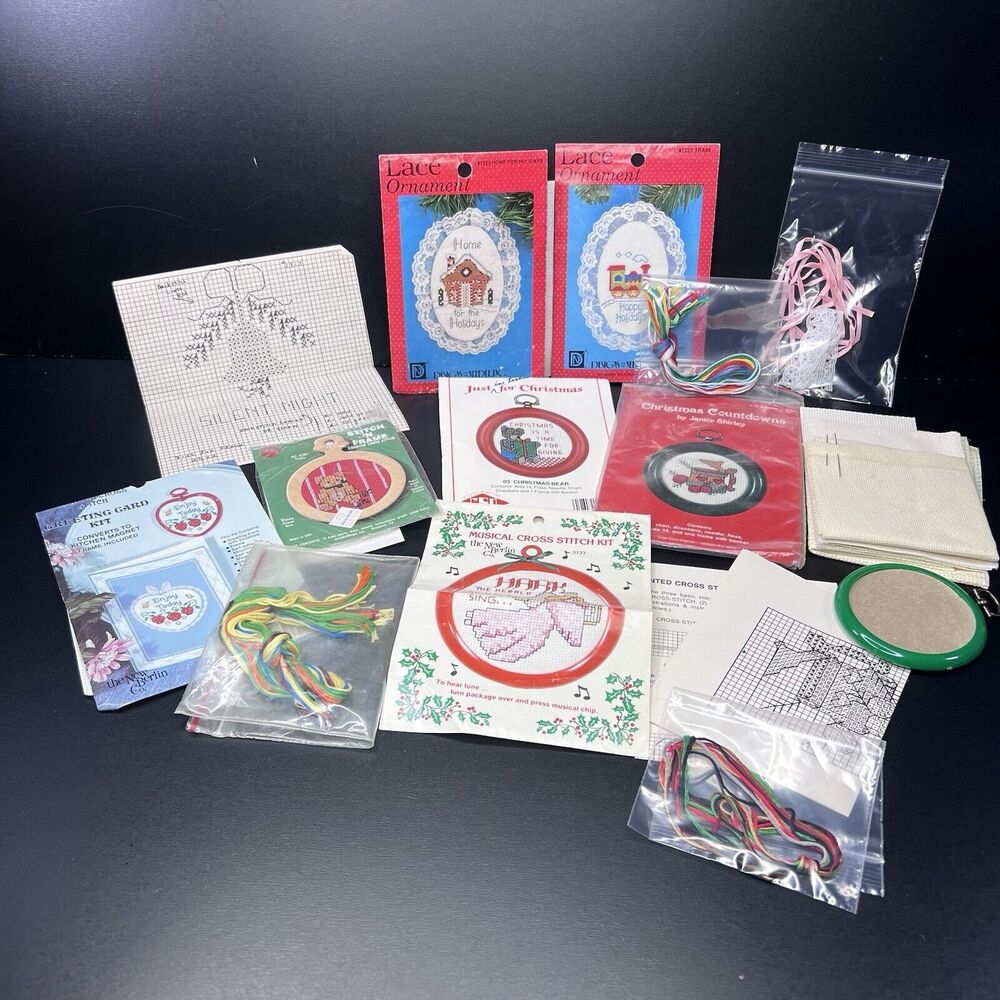Lot Of 8 Vintage Holiday Cross Stitch Canvas Patterns Booklets Thread Cloth